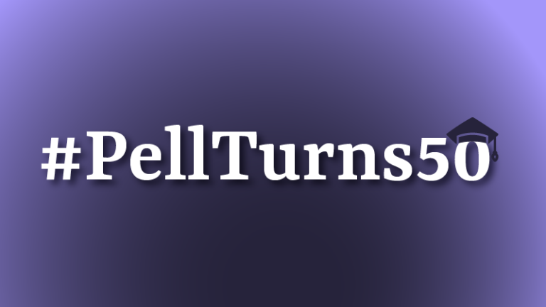 A purple graphic with the text: #PellTurns50, with an image of a college graduation cap sitting on top of the zero.