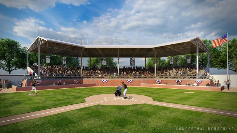 A conceptual rendering of a renovated Hamtramck Stadium, the former home of the Negro National League’s Detroit Stars. The view is from the pitcher’s mound and shows a batter at home plate, the catcher and an umpire. Behind them is the renovated stands that are covered and draped with circular flags and filled with fans.