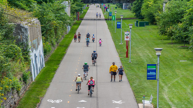 Formerly a Grand Trunk Railroad line, the Dequindre Cut is a predominately below-street level 20-foot-wide paved pathway known for its examples of urban artwork and graffiti.