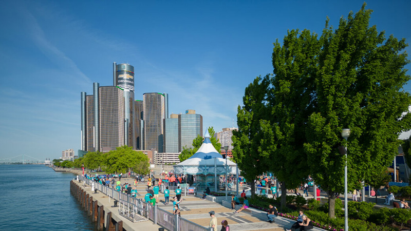 The Detroit city skyline along the riverfront.