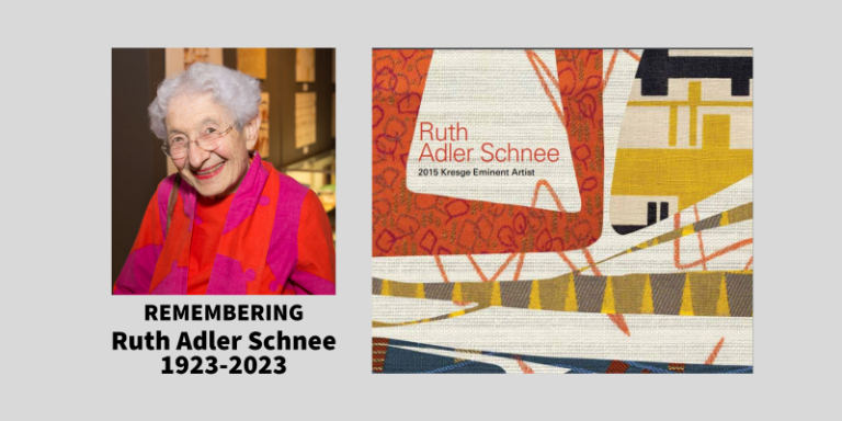 A graphic with a photo of Ruth Adler Schnee and the cover of the Ruth Adler Schnee 2015 Kresge Eminent Artist monograph. The text reads: Remembering Ruth Adler Schnee 1923-2023
