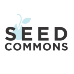 Logo that reads SEED Commons in black font on a white background with a light blue seed between the S and E