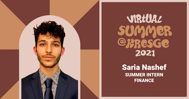 A photo of Saria Nashef with the text: Virtual Summer @Kresge 2021, Saria Nashef, Summer Intern, Finance