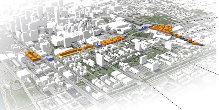 A rendering of a proposed cultural heritage district along a stretch where a highway currently exists.