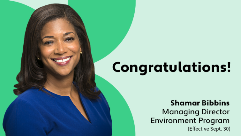 A graphic with text and a photo: Congratualtions! Shamar Bibbins, Managing Director Environment Program (Effective Sept. 30)