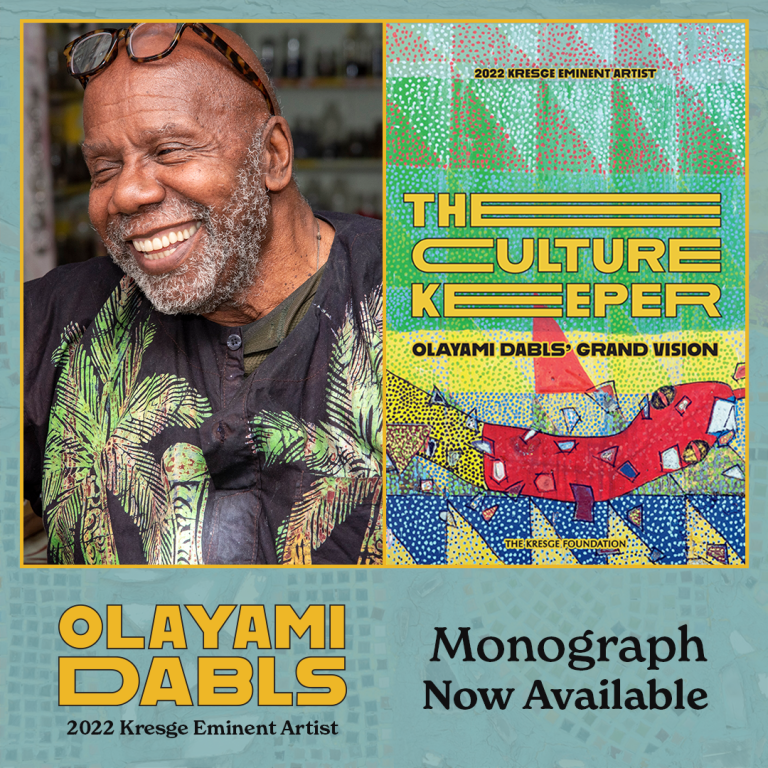 A graphic with Olayami Dabls, Kresge 2022 Eminent Artist in portrait, smiling, with glasses on top of his head, next to the front cover of his monograph, The Culture Keeper. It's brightly colored and has specks of silver and small blots of color, like his beaded art, throughout.