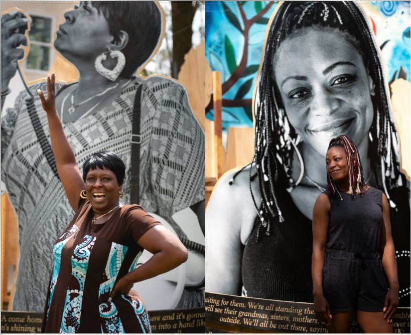 A composite of two photos of Black artists standing in front of large posters depicting themselves.