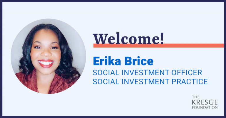 Welcome graphic that features a head shot of Erika Brice and lists her name and title, Social Investment Officer on the Social Investment Practice