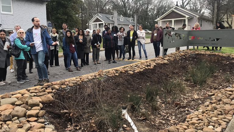 A large group of people gather around a bioswale, a landscaped, shallow channel with gently sloped sides designed to capture, slow down, and filter stormwater.