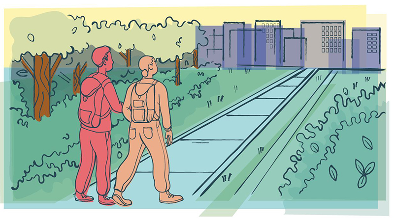 An illustration of two people with backpacks walking along a path toward a city.