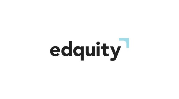 Edquity Logo with a white background and the word edequity in black font with a light blue arrow pointing off the end of the word