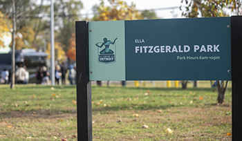 A park with a sign that read Ella Fitzgerald Park 