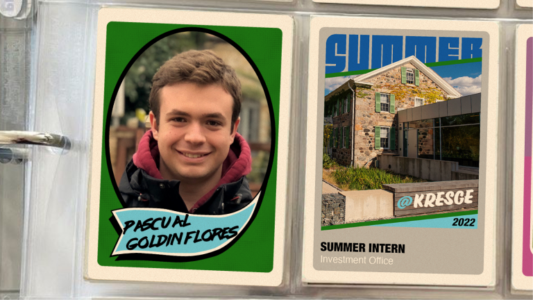 A binder with two vintage-style baseball cards in plastic inserts. The first card on the left features a photo of a male student intern and his name: Pascual Goldin Flores. The second card features a photo of a brick farmhouse and a connecting modern building with windows and the text: @Kresge 2022 | Summer Intern | Investment Office