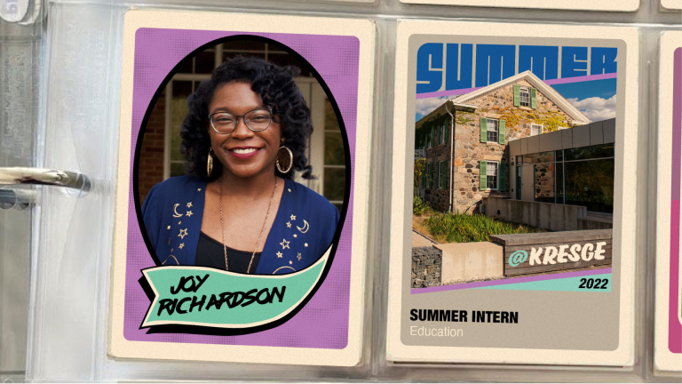 A binder with two vintage-style baseball cards in plastic inserts. The first card on the left features a photo of a female student intern smiling and her name: Joy Richardson. The second card features a photo of a brick farmhouse and a connecting modern building with windows and the text: @Kresge 2022 | Summer Intern | Education.