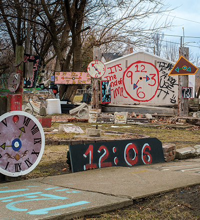 A field of various art objects representing time and clocks. 