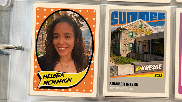 A binder with two vintage-style baseball cards in plastic inserts. The first card on the left features a photo of female student intern and her name: Melissa McMahon. The second card features a photo of a brick farmhouse and a connecting modern building with windows and the text: @Kresge 2022 | Summer Intern | Investment Office