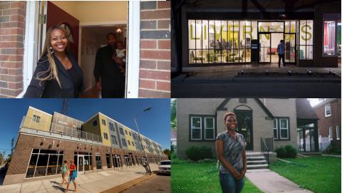 Four images: woman at front door, storefront on Livernois, building, woman in front of house
