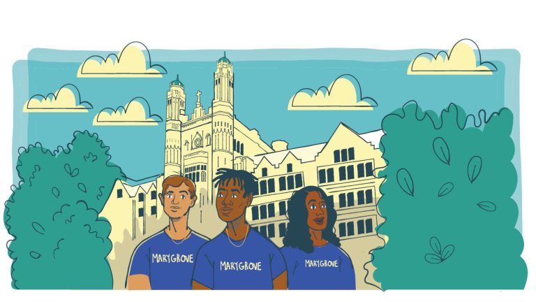 An illustration of students in Marygrove T-shirts on the educational campus.