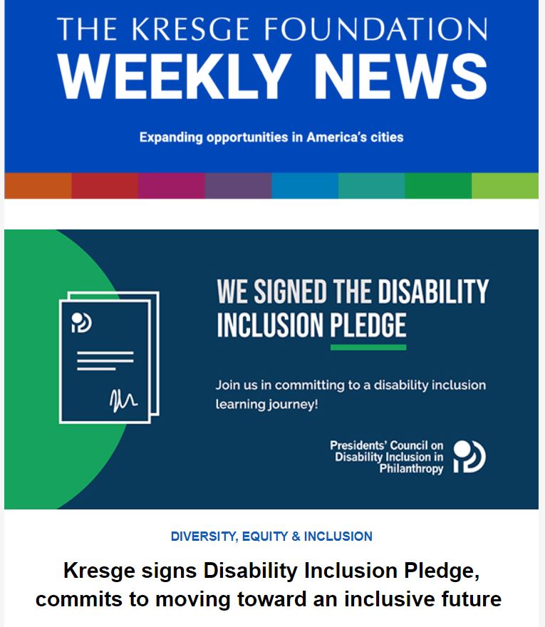 Blue graphic with the text: The Kresge Foundation Weekly News. Expanding opportunities in America's cities.