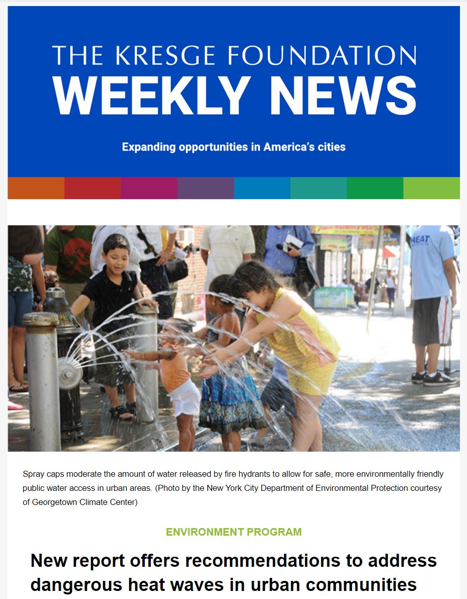 Blue graphic with the text: The Kresge Foundation Weekly News. Expanding opportunities in America's cities.