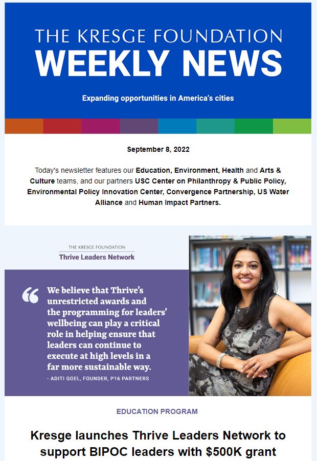 Blue graphic with the text: The Kresge Foundation Weekly News