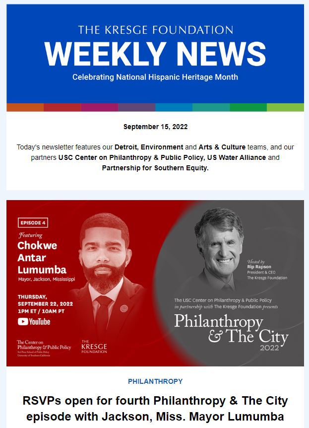 Blue graphic with the text: The Kresge Foundation Weekly News
