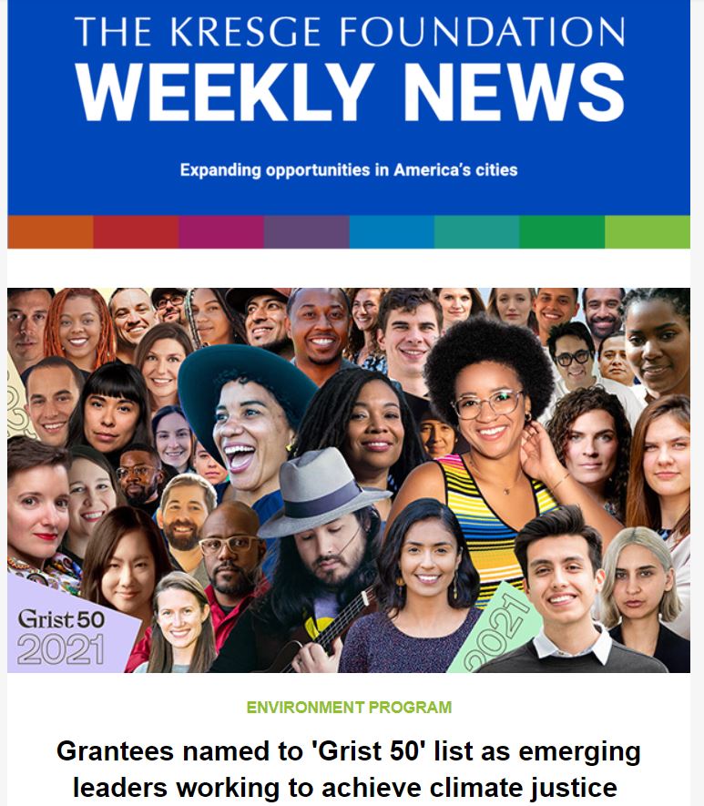 Screengrab of the 3-25-201 Kresge Foundation Weekly Newsletter with blue banner and Photo of Grist 50