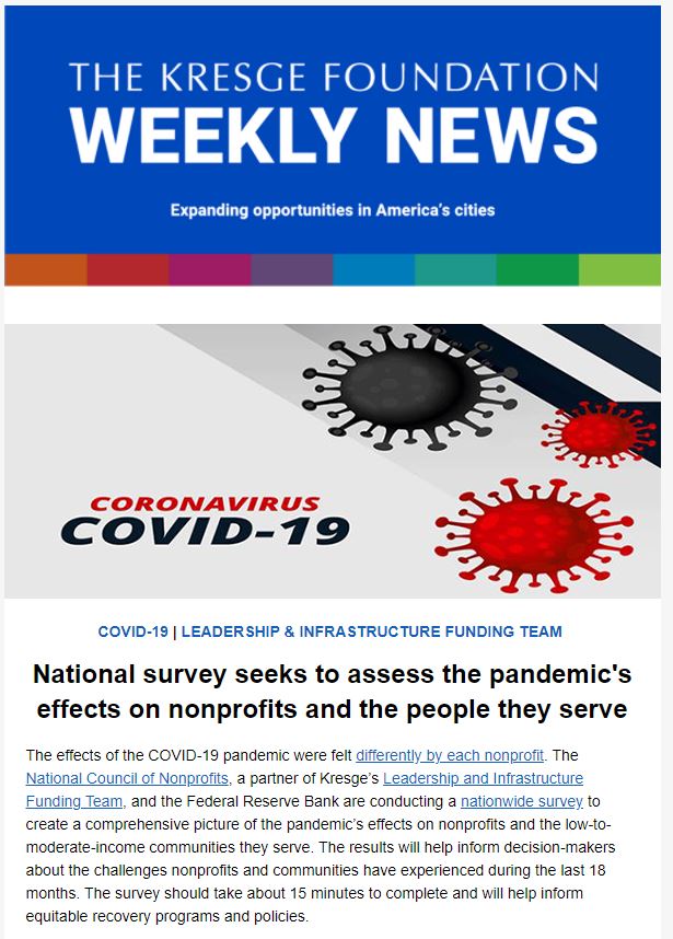 Blue graphic with the text: The Kresge Foundation Weekly News. Expanding opportunities in America's cities. Below is an illustration of the coronavirus.