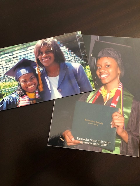 This is a photo of two photos, one that shows two Black women smiling -- one is wearing a cap and gown. The other is a photo of the Black woman in her cap and gown at the Kentucky State University commencement.