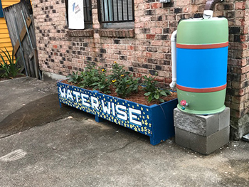 A blue and green water barrel next to a flower bed that has the word Waterwise on the side. 