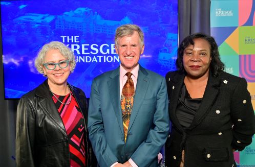 Kresge Foundation Board Chair Cecilia Muñoz, President & CEO Rip Rapson, and Detroit Program Managing Director Wendy Lewis Jackson at the announcement of Kresge's $180 million investment in Northwest Detroit.