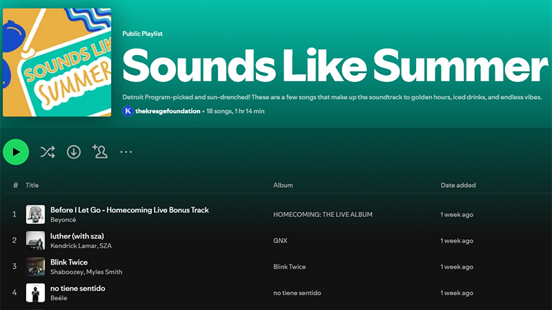 A snapshot form the Kresge Sounds Like Summer playlist on Spotify